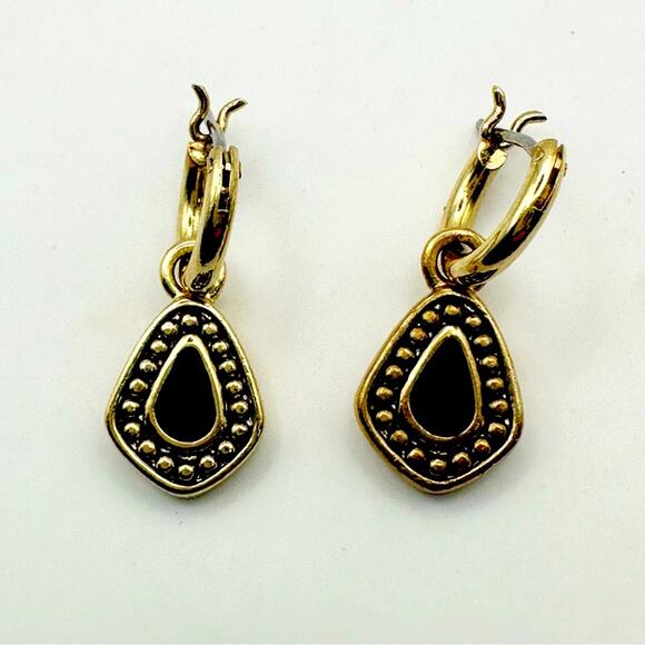 Vintage Monet Earring Black Gold Teardrop Dainty Pierced Signed Retro VTG - Picture 1 of 5